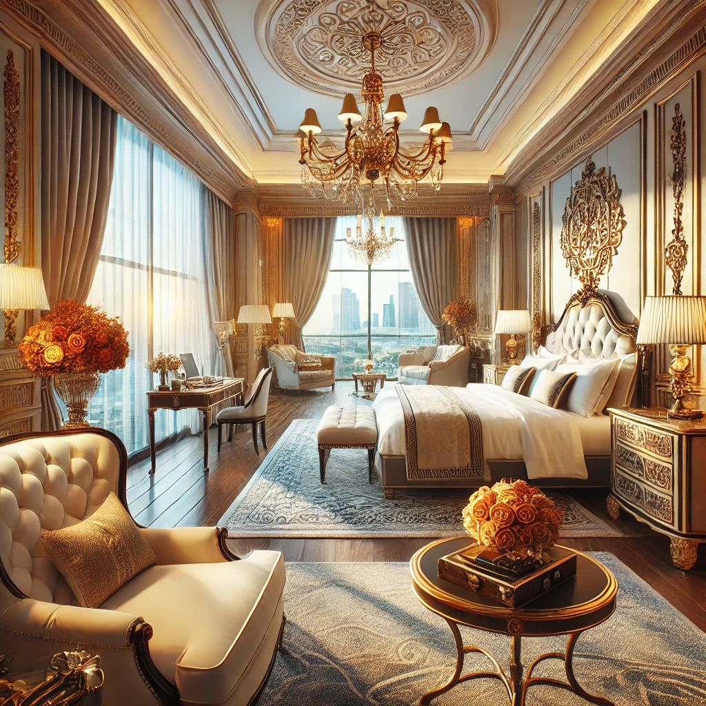 Um interior de quarto de hotel luxuoso, representando o conforto e o luxo acessíveis através do resgate de milhas de viagem.