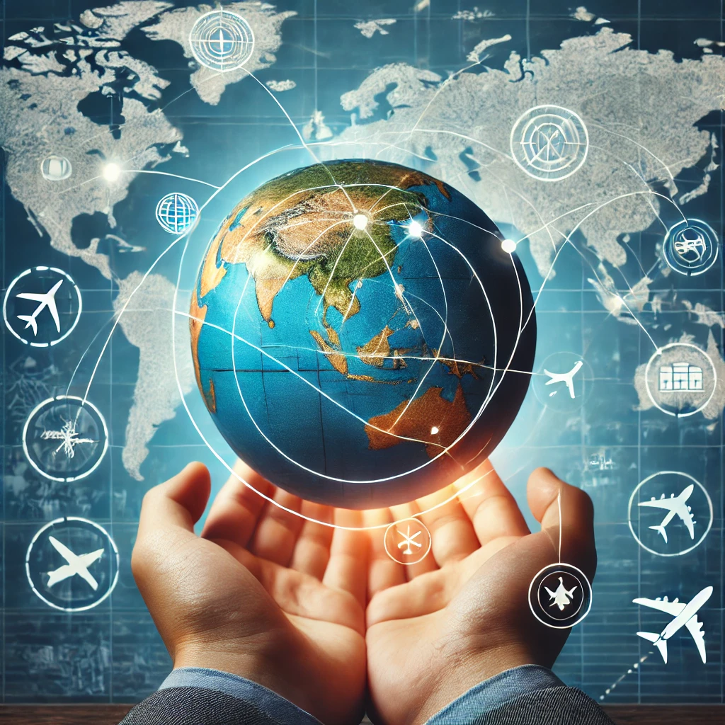 Uma imagem de uma pessoa segurando um globo com rotas de voo marcadas, representando as oportunidades globais possibilitadas pelo acúmulo e uso de milhas de viagem.