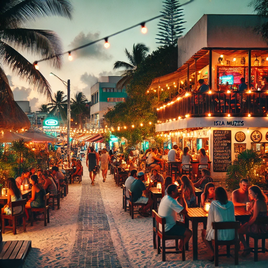 Aproveite a Vida Noturna:"Noite animada em Isla Mujeres, com bares e restaurantes ao ar livre, luzes coloridas e atmosfera festiva."