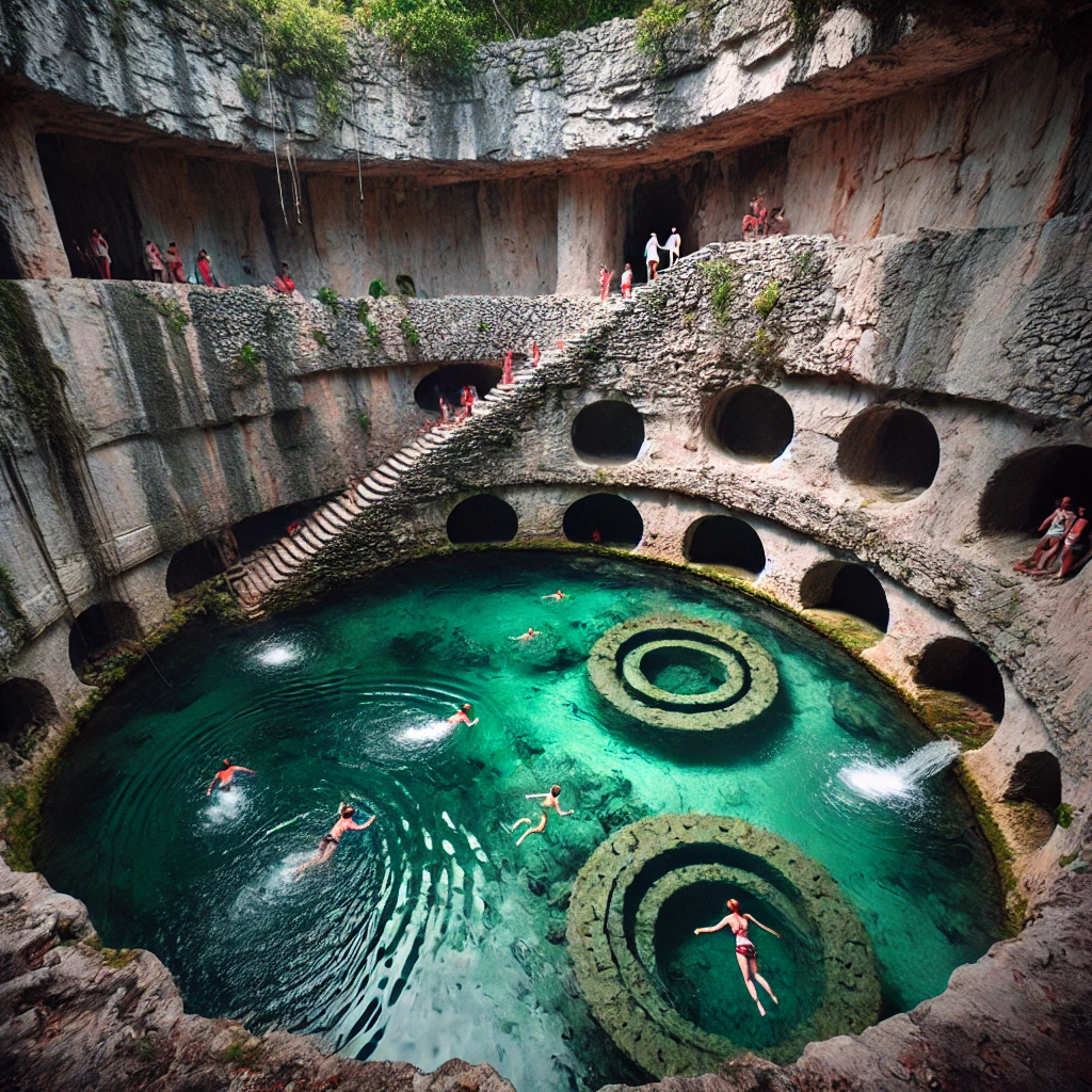 Cenote Calavera:"Cena do Cenote Calavera, famoso por suas aberturas circulares, águas claras e ambiente rústico, perfeito para uma experiência única de natação e aventura."