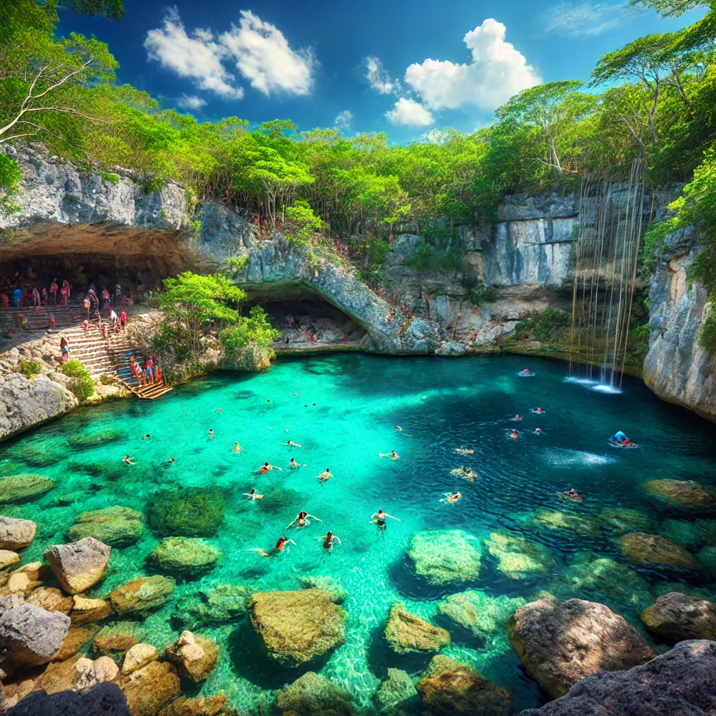 Gran Cenote em Tulum, com águas cristalinas em tons de turquesa, formações rochosas naturais e vegetação ao redor. A cena captura a tranquilidade e a beleza natural desse famoso cenote, perfeito para nadar e mergulhar.