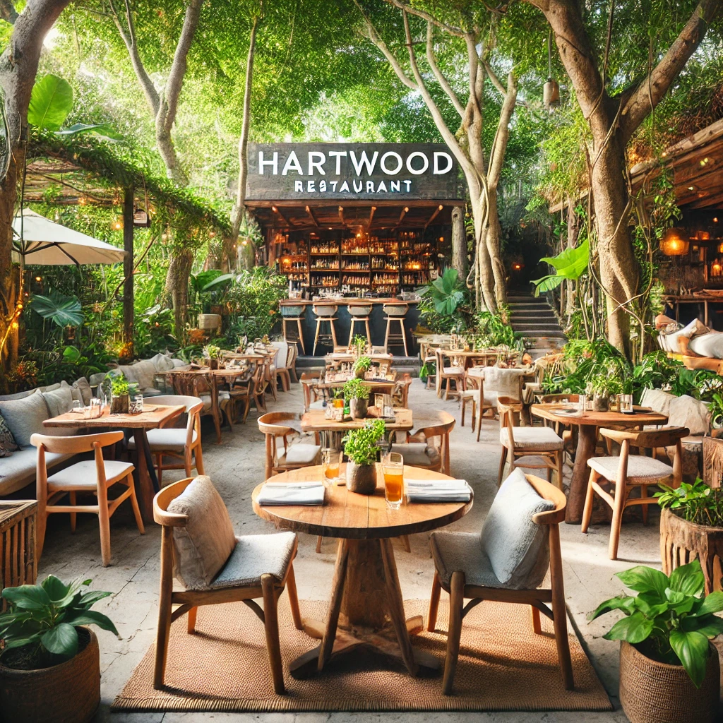 Hartwood:"Ambiente ao ar livre do restaurante Hartwood, com mesas rústicas rodeadas por vegetação, destacando seu foco em ingredientes locais e uma experiência gastronômica relaxante."