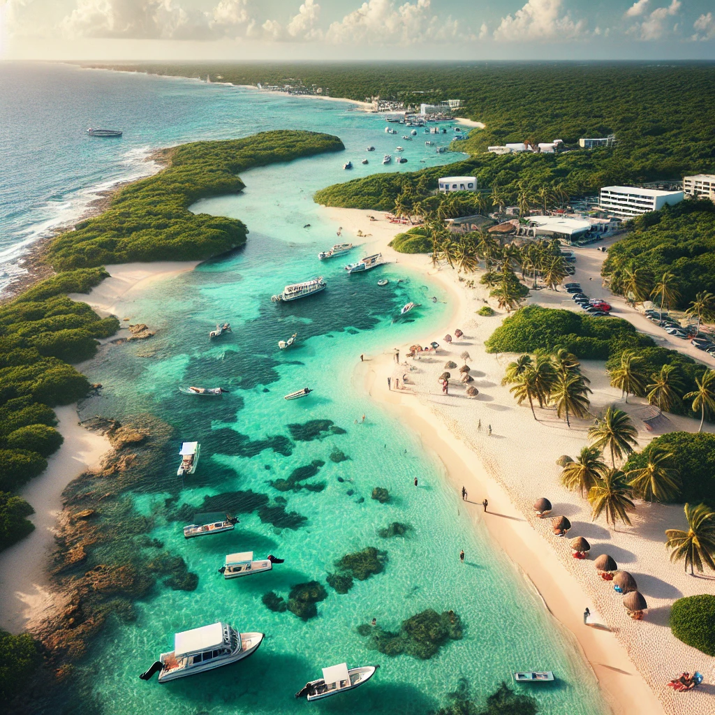 Imagem Aérea de Isla Mujeres: Vista aérea de Isla Mujeres com praias de areia branca, águas azul-turquesa e vegetação exuberante. Um cenário tropical e convidativo, ideal para capturar a serenidade e a beleza da ilha, famosa por seu snorkeling, praias paradisíacas e paisagens tranquilas.