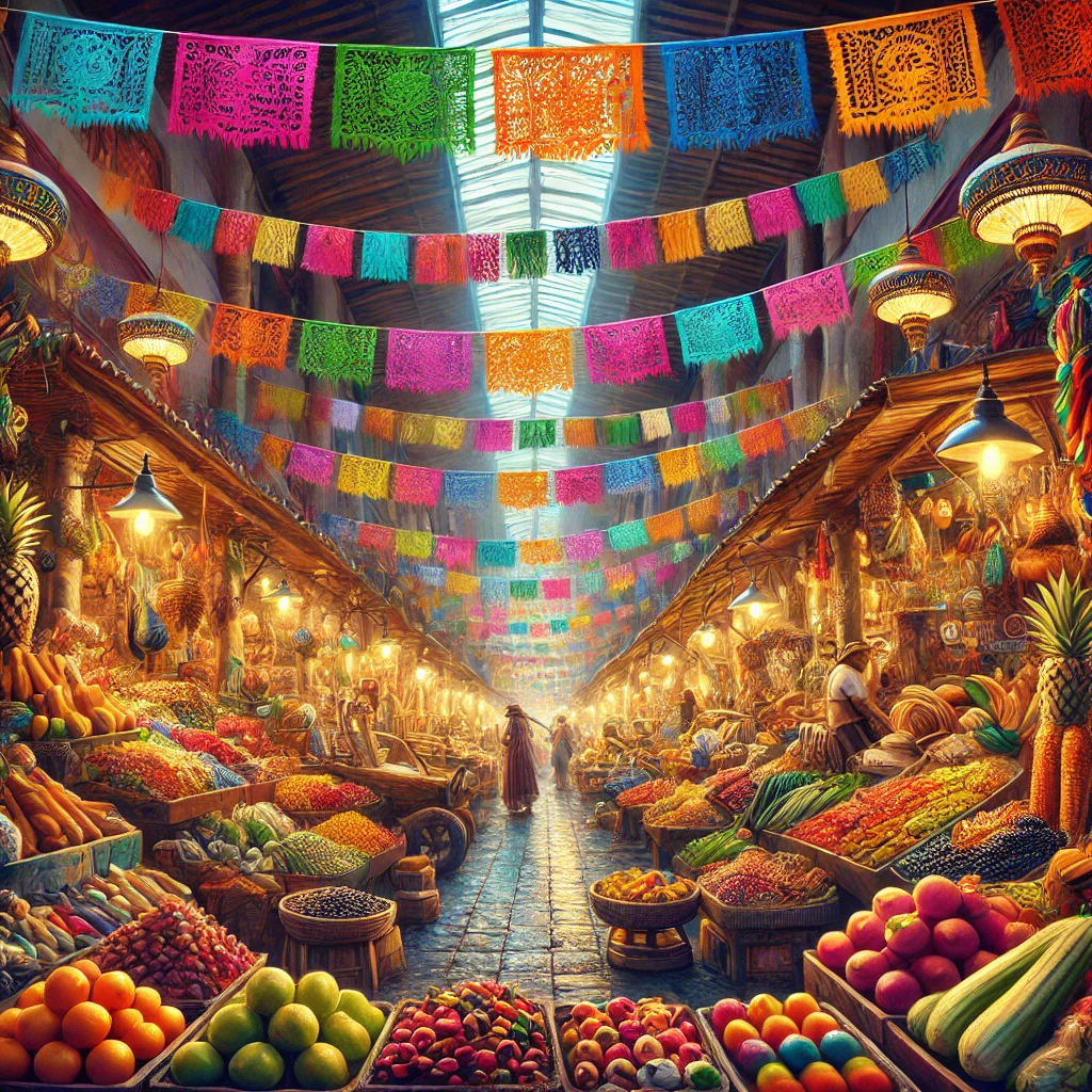 Mercado Tradicional Mexicano"Cores vibrantes e artesanatos típicos em um mercado tradicional mexicano, capturando a essência cultural do país."