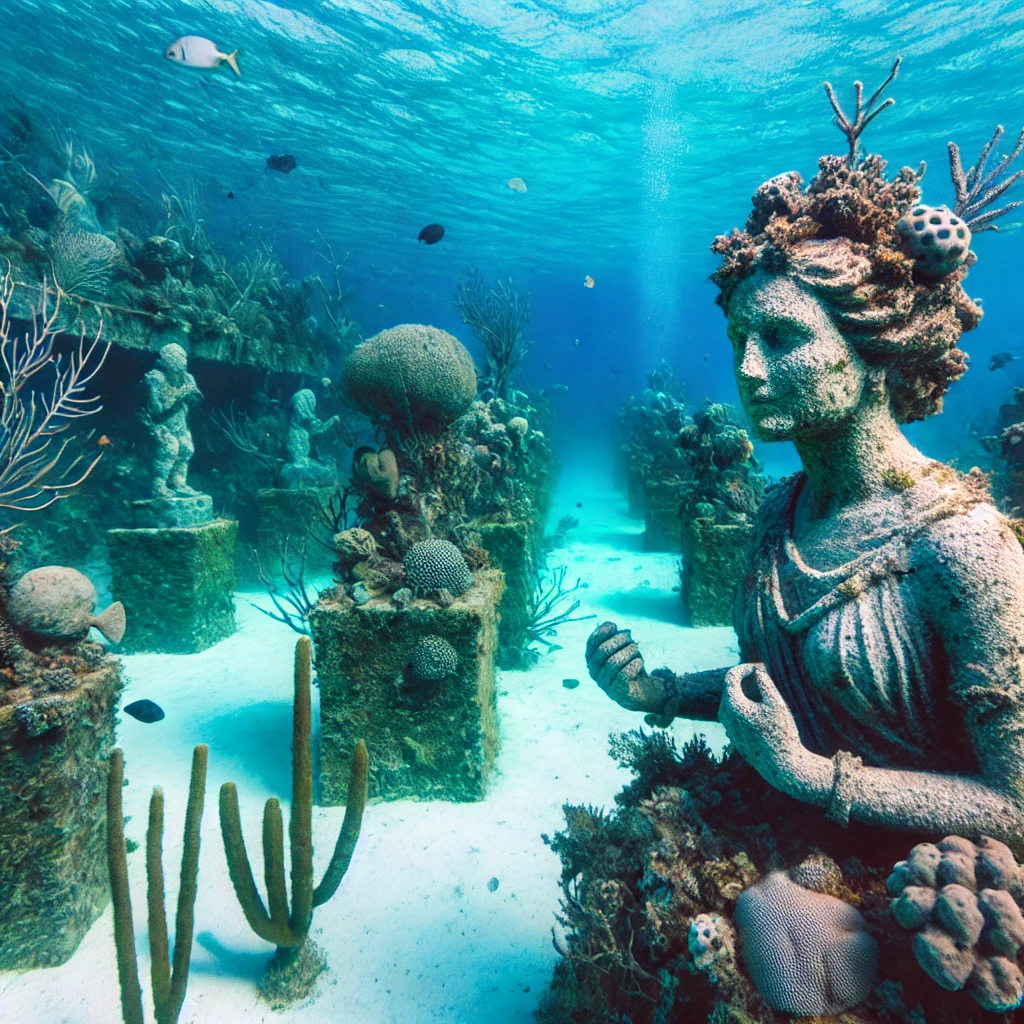 Museu Subaquático de Arte (MUSA):"Cena subaquática do MUSA, com esculturas cobertas de corais e vida marinha, criando uma experiência artística única."