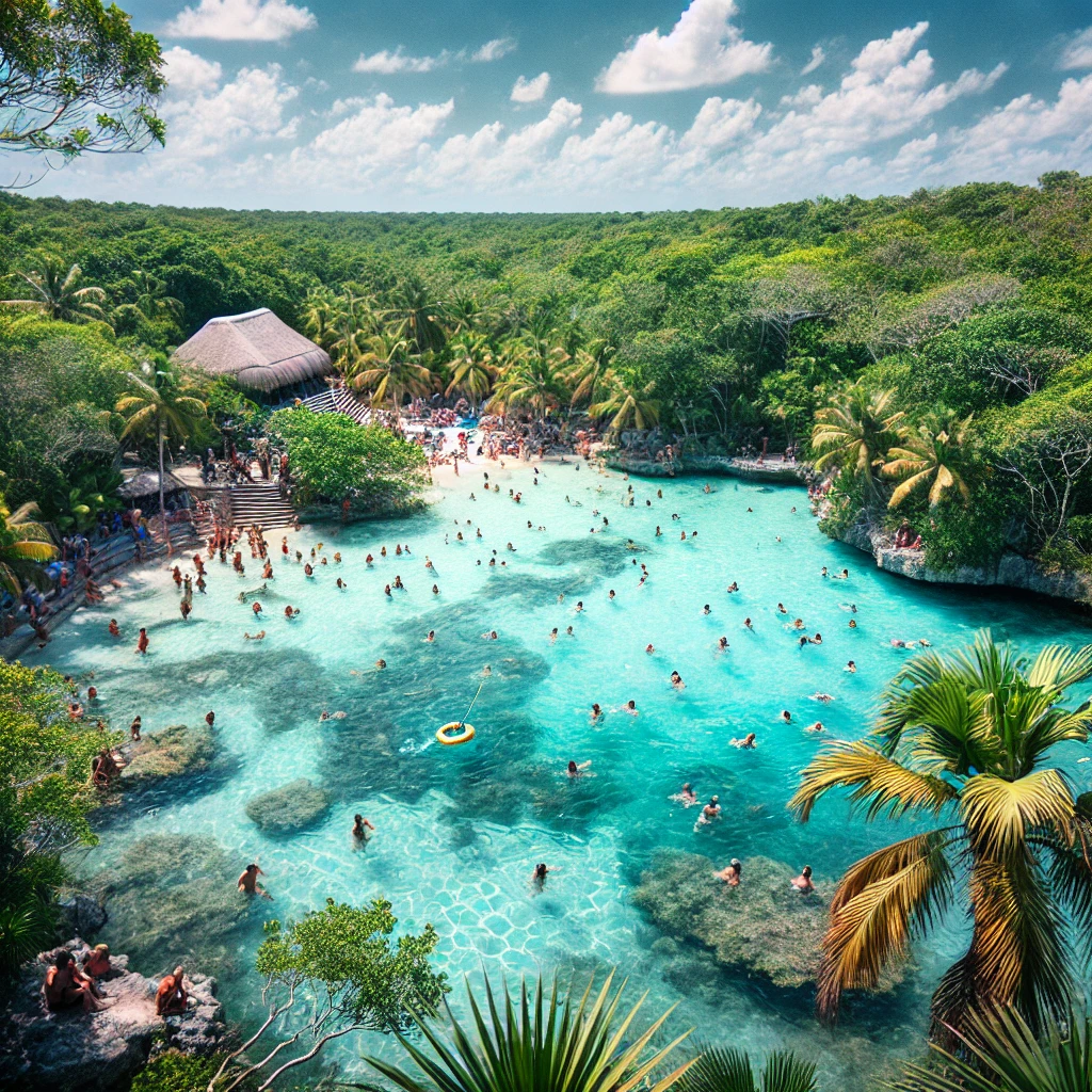 "Cena do Parque Xel-Há com visitantes nadando em águas claras cercadas por vegetação tropical, ideal para aventuras aquáticas e contato com a natureza."