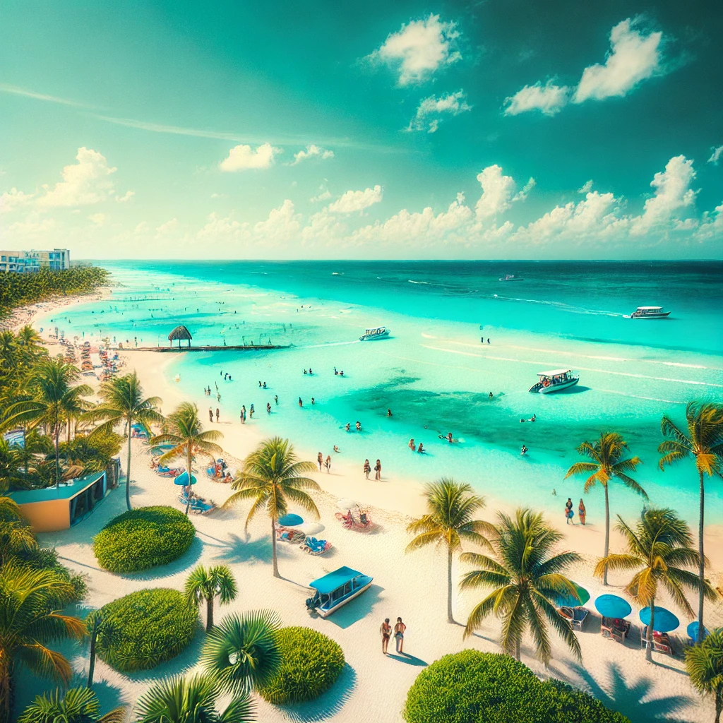 Playa Norte, Isla Mujeres: Imagem vibrante de Playa Norte, destacando a praia de areia branca, águas calmas e visitantes aproveitando o sol. A paisagem tropical com coqueiros e pequenos barcos em águas rasas faz de Playa Norte um dos pontos mais relaxantes e belos da ilha.