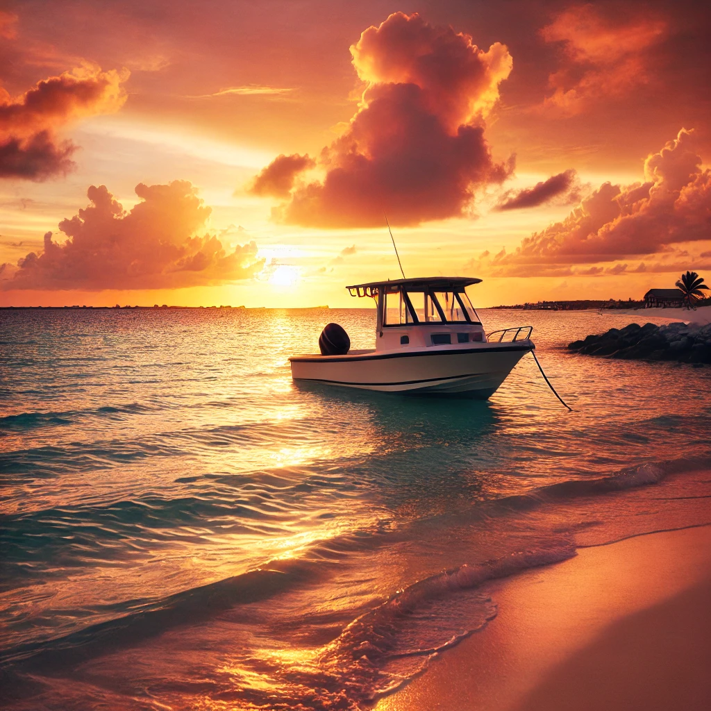 Pôr do Sol em Isla Mujeres: Vista ao entardecer, com um barco na água e ondas suaves na costa, sob um céu colorido pelo pôr do sol. A cena pacífica destaca a beleza da ilha ao anoitecer, ideal para momentos de relaxamento e tranquilidade.