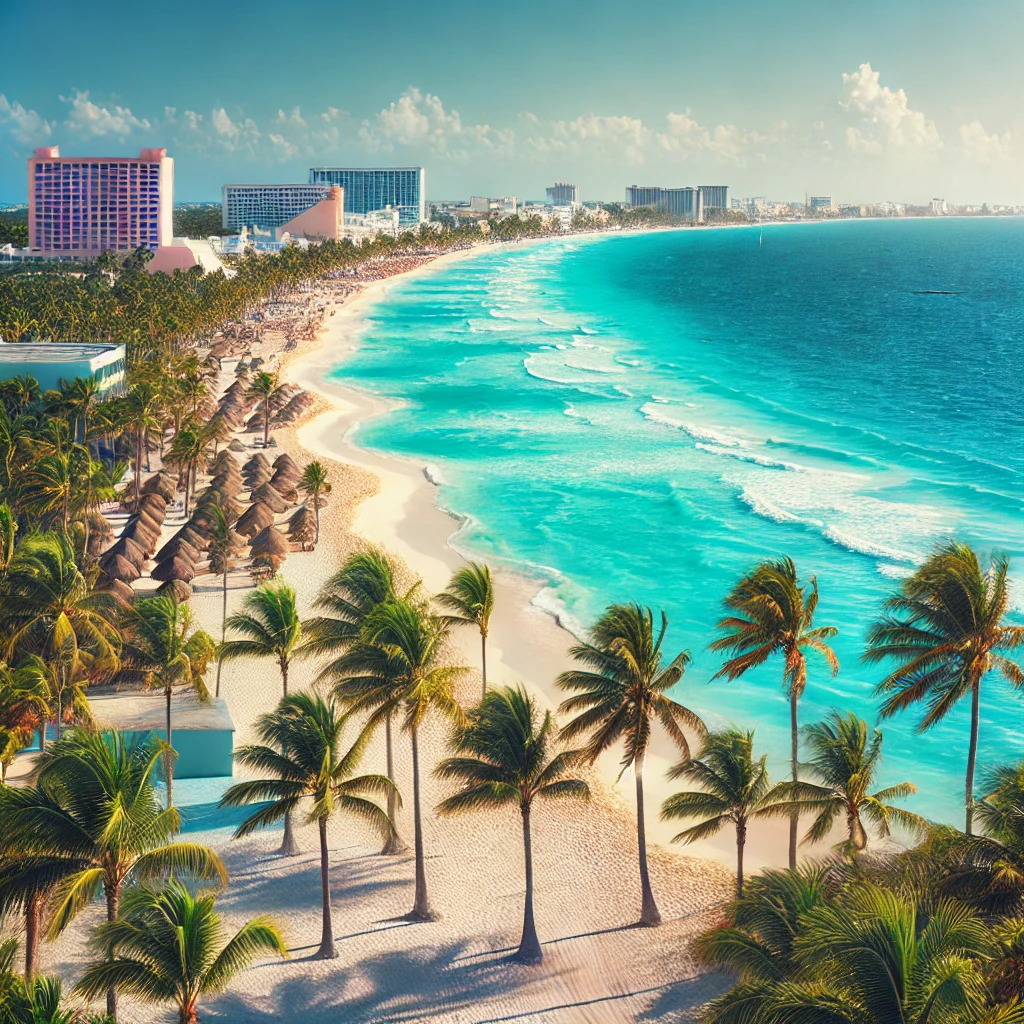 Praia Paradisíaca de Cancún"As águas cristalinas e praias de areia branca de Cancún são um convite para relaxar e aproveitar a beleza do Caribe mexicano."