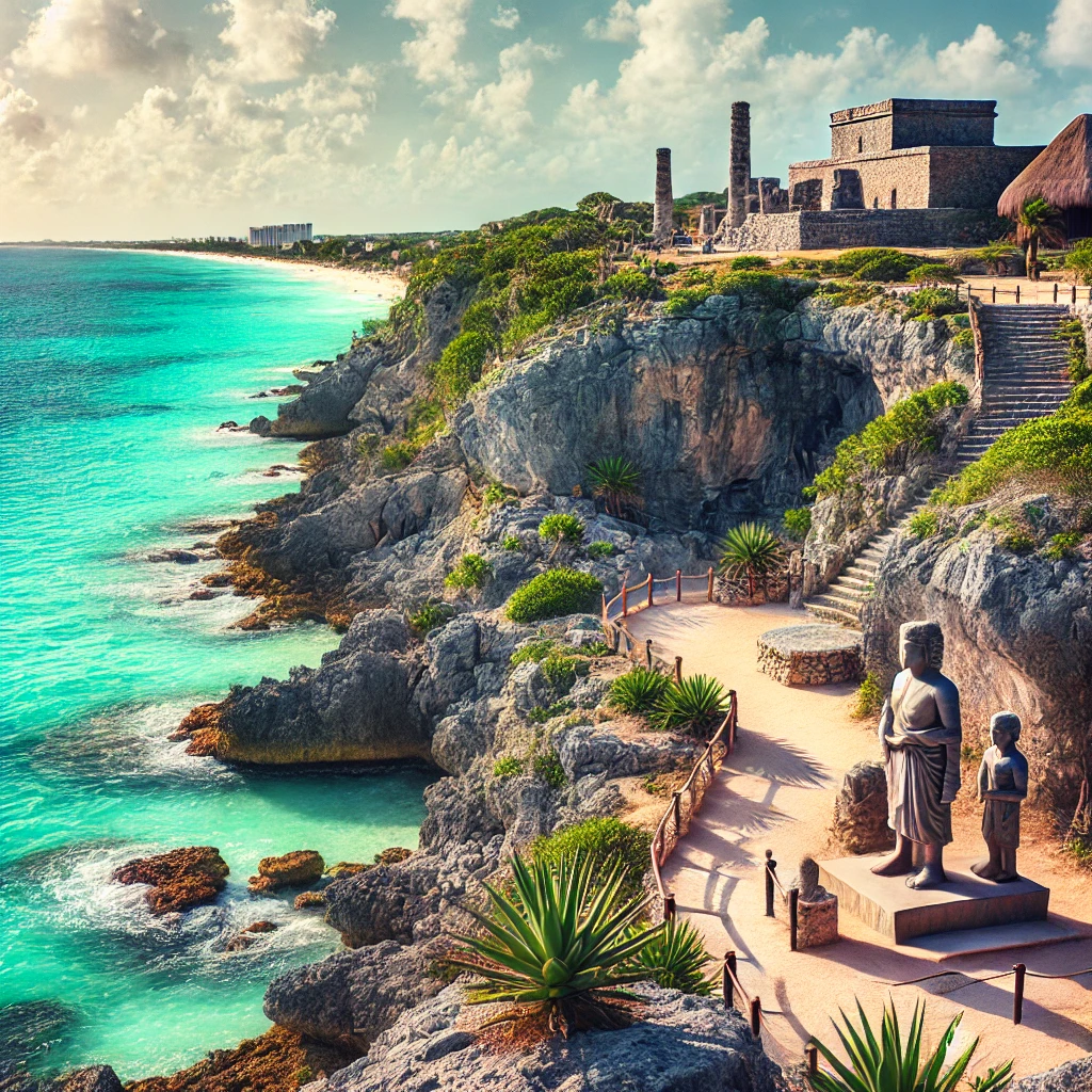 Punta Sur, Isla Mujeres: Vista de Punta Sur, com penhascos rochosos sobre o Mar do Caribe, esculturas e ruínas maias, trilhas e mirantes. A área destaca a rica história e o belo litoral da ilha, proporcionando uma experiência cultural e natural.