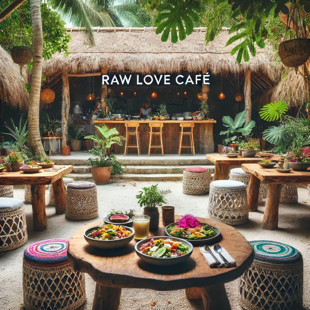 Raw Love Café: Área externa do Raw Love Café com pratos veganos criativos e ambiente natural, ideal para uma refeição saudável e tranquila em Tulum