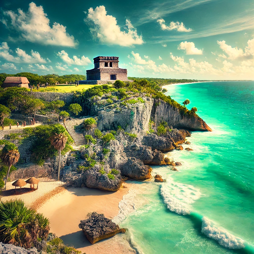 Ruínas de Tulum, com o templo maia posicionado no topo do penhasco, com vista para as águas turquesas do Mar do Caribe. Ela captura a combinação única de história, cultura e beleza natural que Tulum oferece.