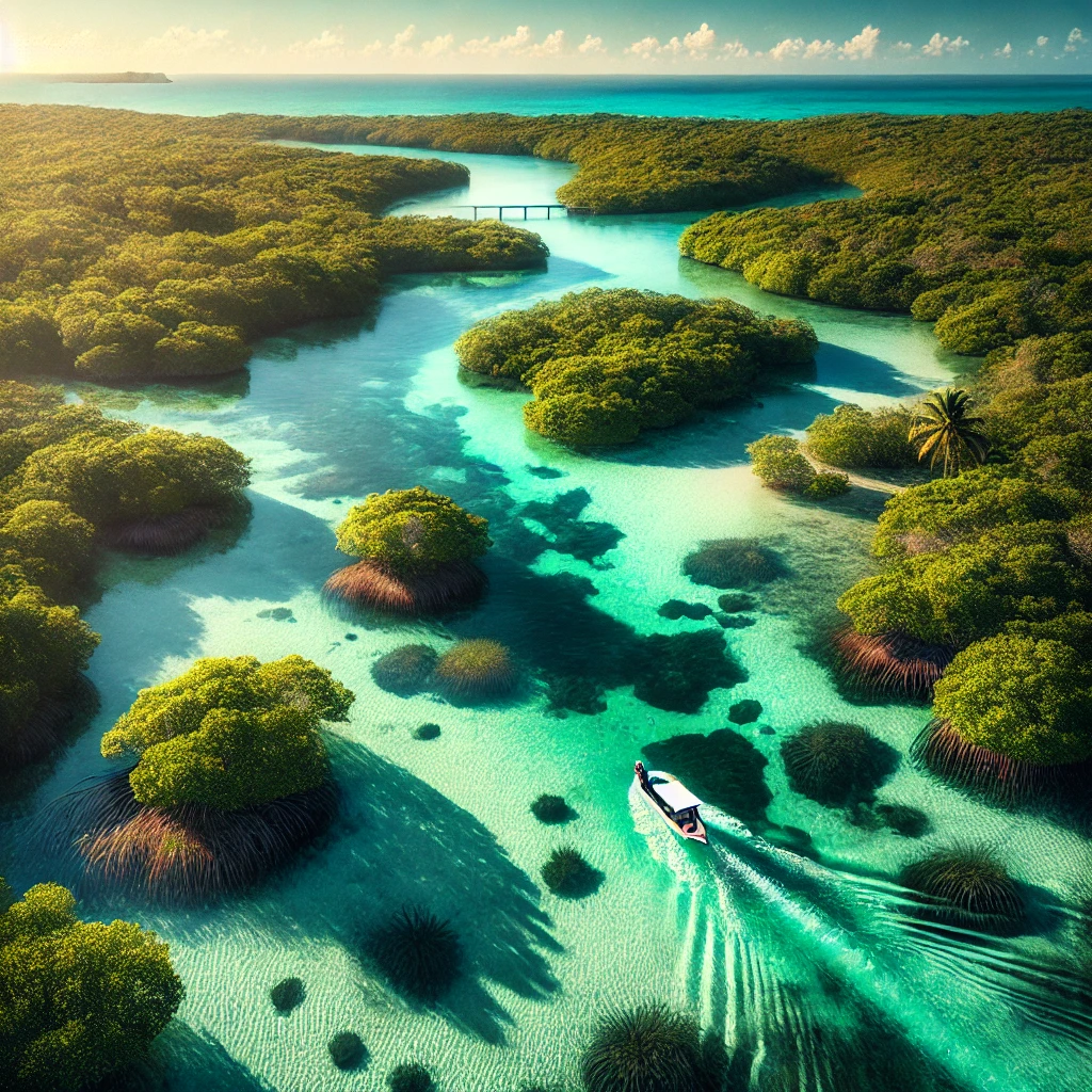 "Vista serena da Reserva da Biosfera de Sian Ka’an, com manguezais e águas cristalinas, destacando a biodiversidade e a beleza preservada do local."