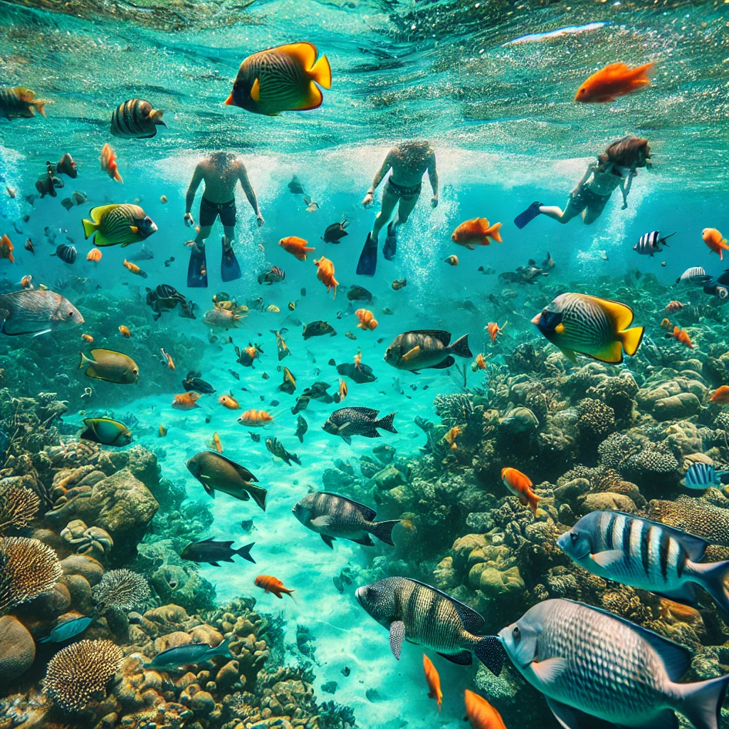 Snorkeling em Isla Mujeres: Cena subaquática em Isla Mujeres, mostrando atividades de snorkeling com uma diversidade de peixes coloridos e recifes de corais. A água cristalina captura a biodiversidade marinha da ilha e a emoção de mergulhar em um ambiente tropical.