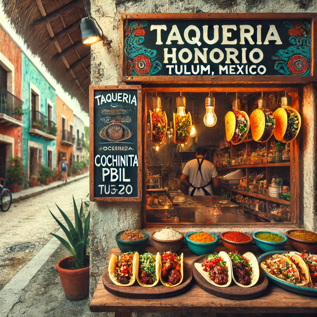 Taqueria Honorio:"Cenário autêntico da Taqueria Honorio com pratos de tacos, incluindo a famosa cochinita pibil, capturando a essência da culinária tradicional de Tulum.